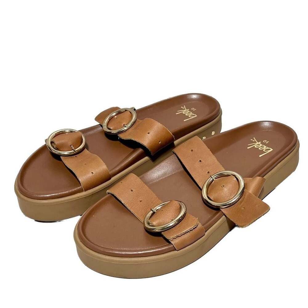 beek Warbler Leather Platform Slide Sandals with Round Buckles Tan